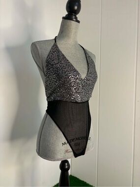 Sequin Halter Bodysuit in Silver and Black